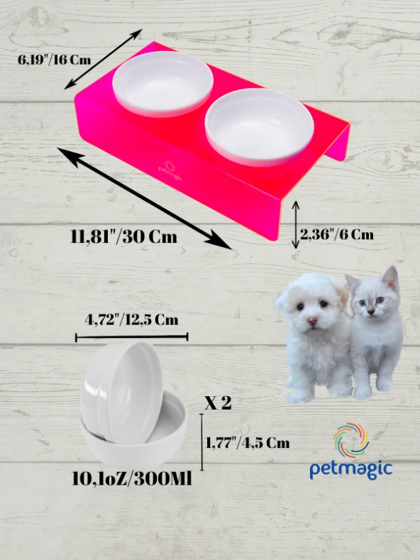 Petmagic Akrilik Pleksi Evcil Hayvan Beyaz Seramik Kaseli İkili Kedi ve Köpek Mama Su Kabı-Neon Kırmızı - 3