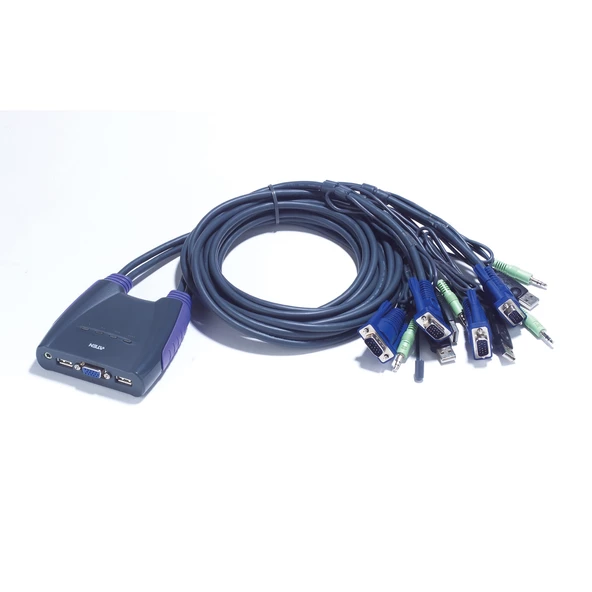 4 portlu USB VGA KVM (Keyboard/Video Monitor/Mouse) Switch, Hoparlör bağlantısı mevcut, Masaüstü Tip, KVM bağlantı kablosu ürüne gömülüdür