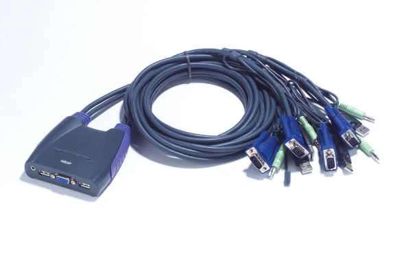 4 portlu USB VGA KVM (Keyboard/Video Monitor/Mouse) Switch, Hoparlör bağlantısı mevcut, Masaüstü Tip, KVM bağlantı kablosu ürüne gömülüdür