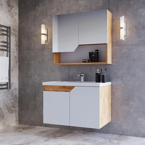 Teta Home Napoli 80 cm Mdf Banyo Dolabı Seti   Atlantik Çam-Beyaz