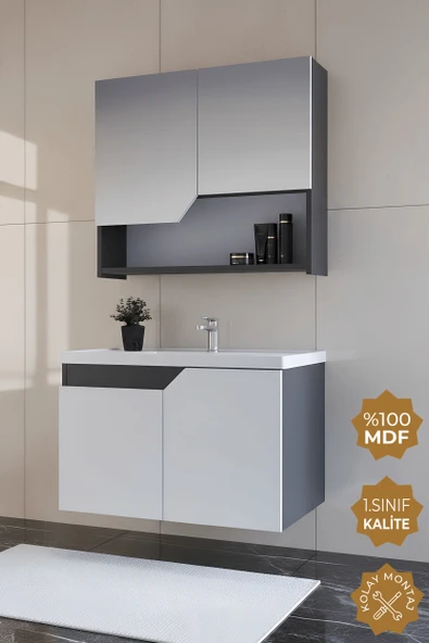 Teta Home Napoli 80 cm Mdf Banyo Dolabı Seti   Antrasit-Beyaz ürün görseli