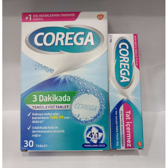 Corega Diş Protez Yapıştırıcı Tat İlavesiz Krem 40 G + Corega 5 Dakikada Diş Protez Temizleyici Tablet 30'lu