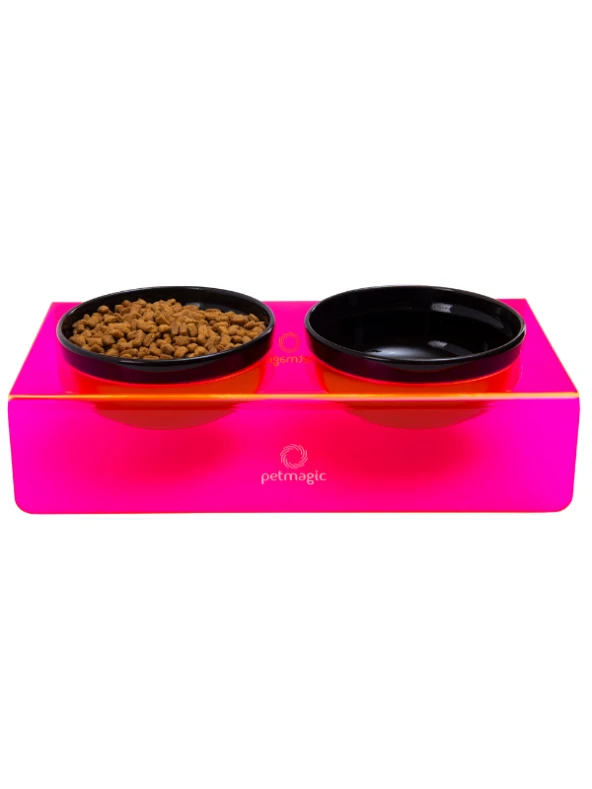 Petmagic Akrilik Pleksi Evcil Hayvan Siyah Seramik Kaseli İkili Kedi ve Köpek Mama Su Kabı-Neon Kırmızı - Resim 2