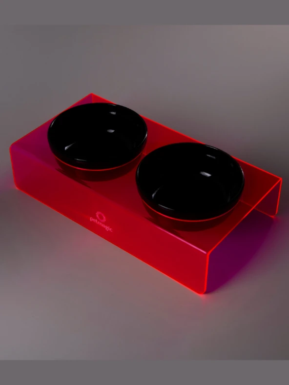 Petmagic Akrilik Pleksi Evcil Hayvan Siyah Seramik Kaseli İkili Kedi ve Köpek Mama Su Kabı-Neon Kırmızı - Resim 3