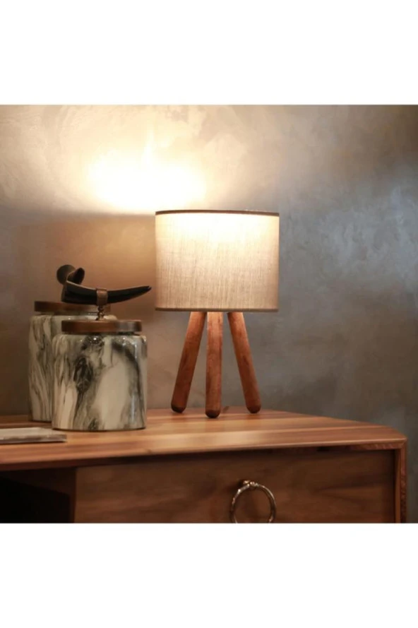 Naturel Ahşap Silindir Başlıklı Gri Kumaş Abajur