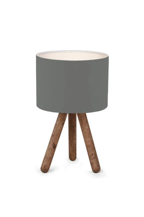 Naturel Ahşap Silindir Başlıklı Gri Kumaş Abajur - 2