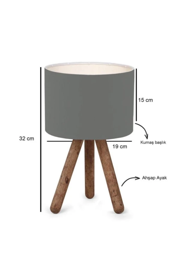 Naturel Ahşap Silindir Başlıklı Gri Kumaş Abajur - 3