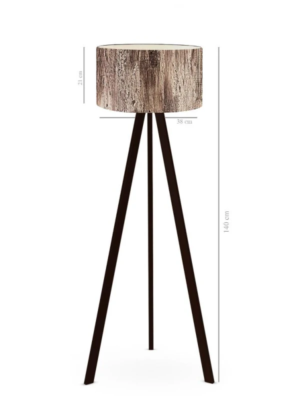 Art Tripod Ahşap Ayaklı Lambader Köşe Lambası Ağaç Kabuğu Desen PVC Başlık Siyah MDF Ayak - 2