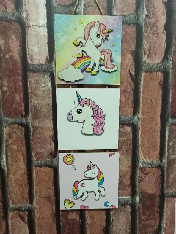 Bebek Unicorn Kabartmalı Baskılı 3'lü Tablo