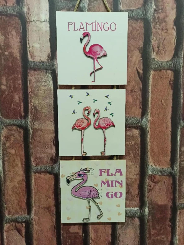 Flamingo Kabartmalı Baskılı 3'lü Tablo