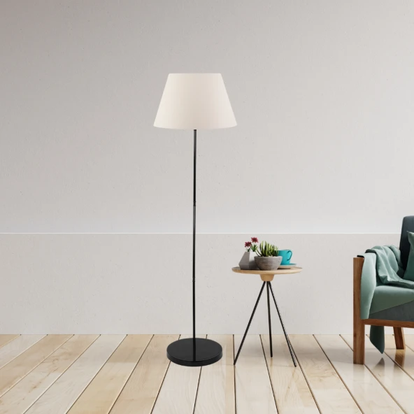 Siyah Metal Ayaklı Krem Konik Kumaş Başlık Lambader Salon Yatak Odası Köşe Lambası - 2