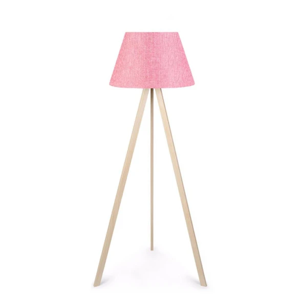 Ahşap Üç Ayaklı Tripod Lambader Pembe Kumaş ürün görseli