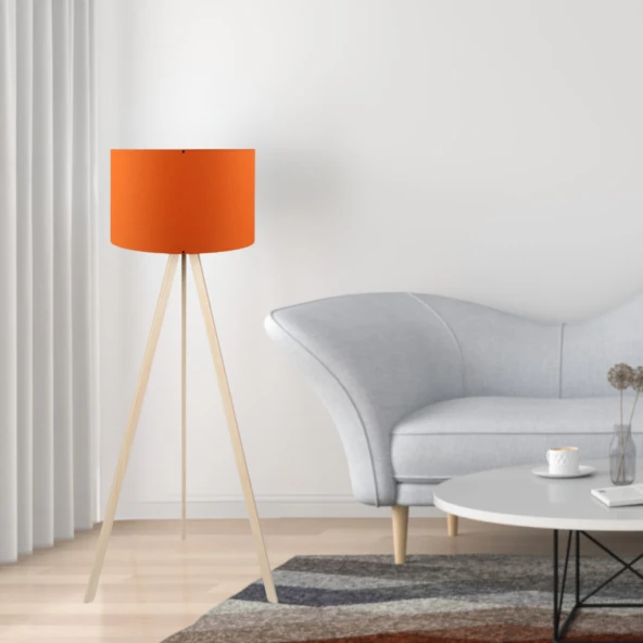 Pratik Ahşap Tripod Ayaklı Turuncu Başlıklı Lambader Oturma Odası Salon Köşe Lambası