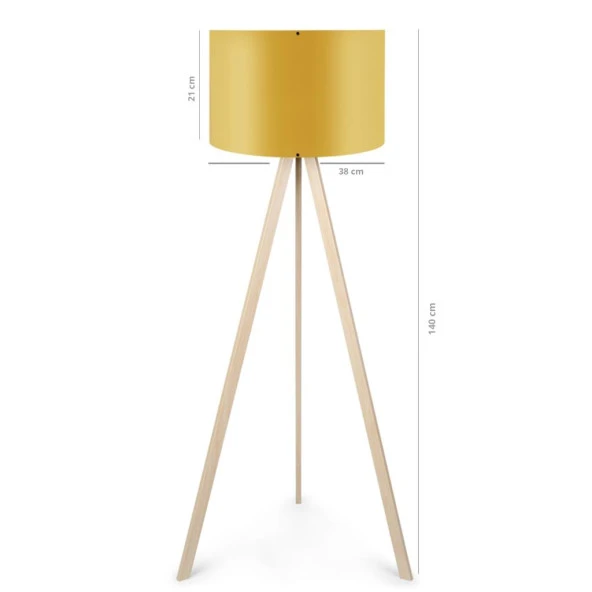Pratik Krem Ahşap Üç Ayaklı Lambader Sarı Kumaş Silindir Başlık Salon Yatak Odası Köşe Lambası - 3