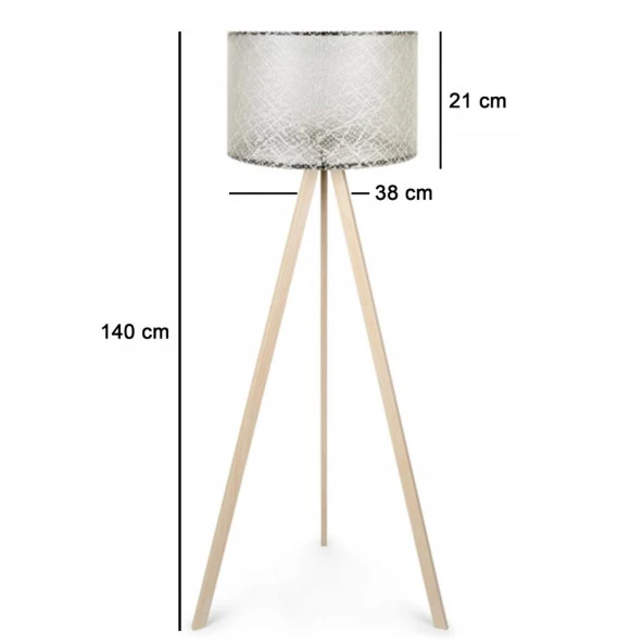 Krem Renk Ahşap Üç Ayaklı Lambader Krem Dantel Kumaş Başlık - Resim 2