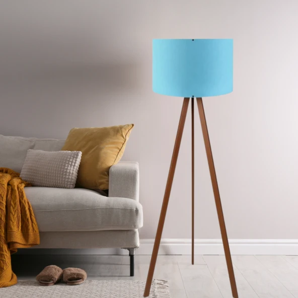Pratik Ahşap Üç Ayaklı Lambader Mavi Başlık Salon Yatak Odası Köşe Lambası - 2