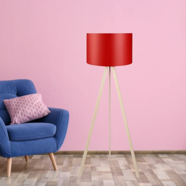 Pratik Krem Renk Ahşap Üç Ayaklı Lambader Kırmızı PVC Başlık Oturma Odası Köşe Lambası