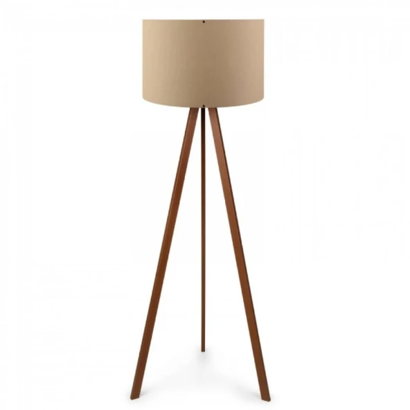 Pratik Ahşap Üç Ayaklı Tripod Lambader Kahve Kumaş Başlık Salon Oturma Odası Köşe Lambası - 2