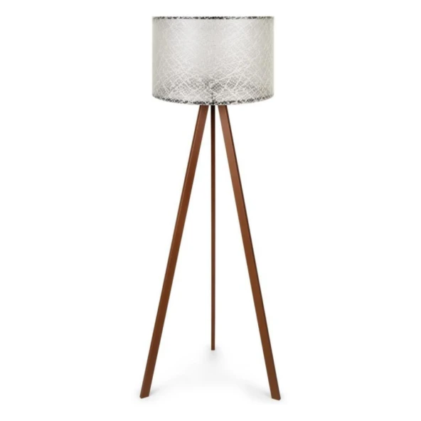 Pratik Ahşap Üç Ayaklı Tripod Lambader Krem Dantel Başlık Salon Oturma Odası Köşe Lambası - 3