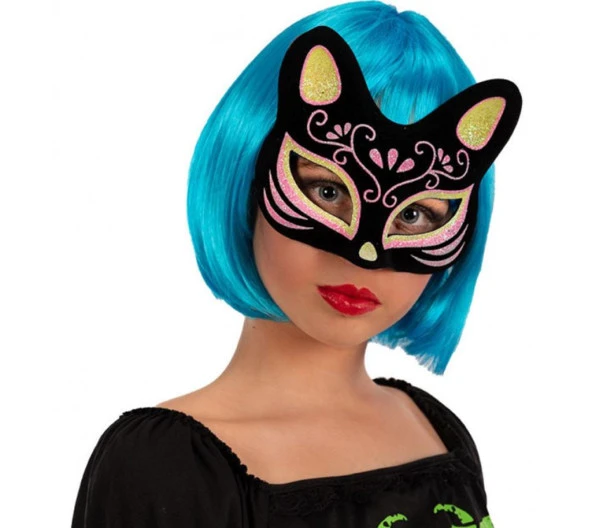 Siyah Renk Süet Kaplama Üzeri Sarı Pembe Simli Kedi Maskesi 17x14 cm ürün görseli 1