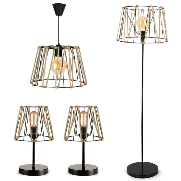 Otantik Halatlı Siyah Metal Avize Lambader Abajur Set