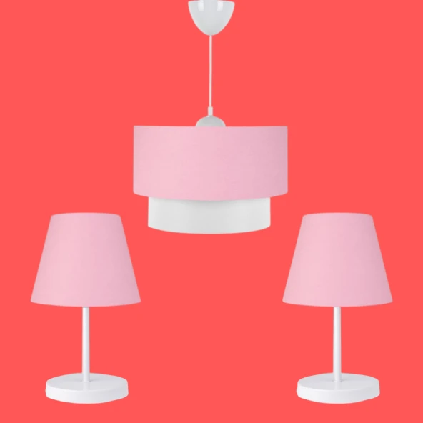 ArtGift Beyaz Gövdeli Üçlü Avize ve Abajur Seti Pembe Kumaş