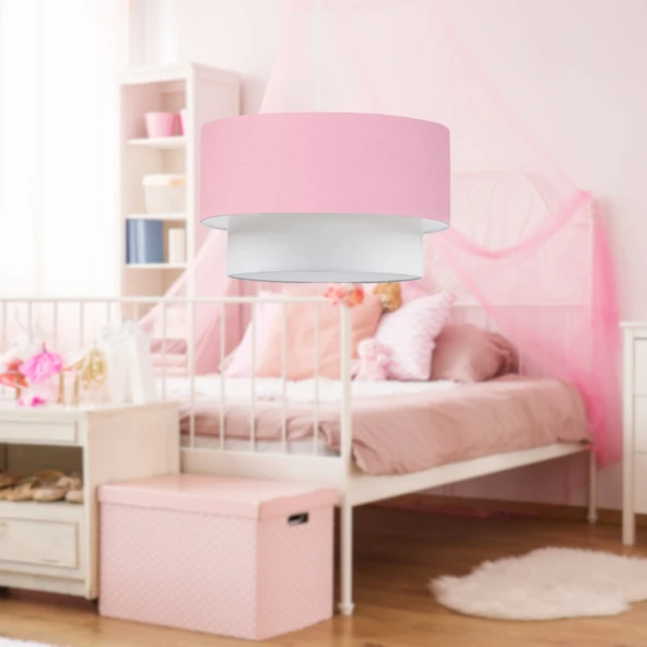 ArtGift Beyaz Gövdeli Üçlü Avize ve Abajur Seti Pembe Kumaş - 2