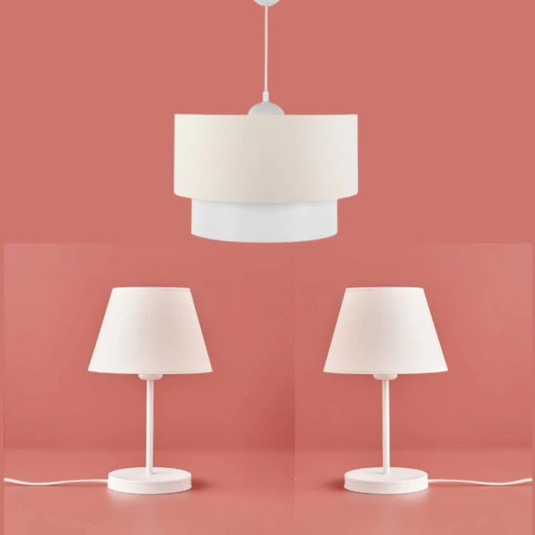 ArtGift Beyaz Gövdeli Üçlü Avize Seti Krem Kumaş