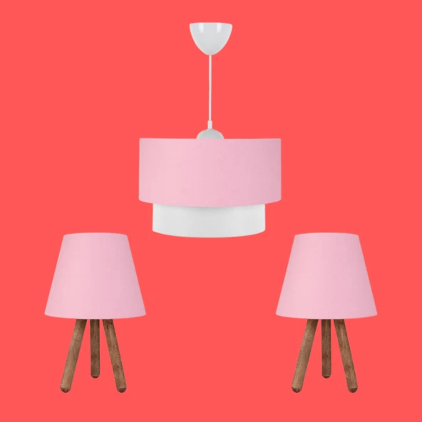 ArtGift Üçlü Avize Ve Abajur Seti Ahşap Ayak Pembe Kumaş Başlık Yatak Odası Çocuk Odası Salon