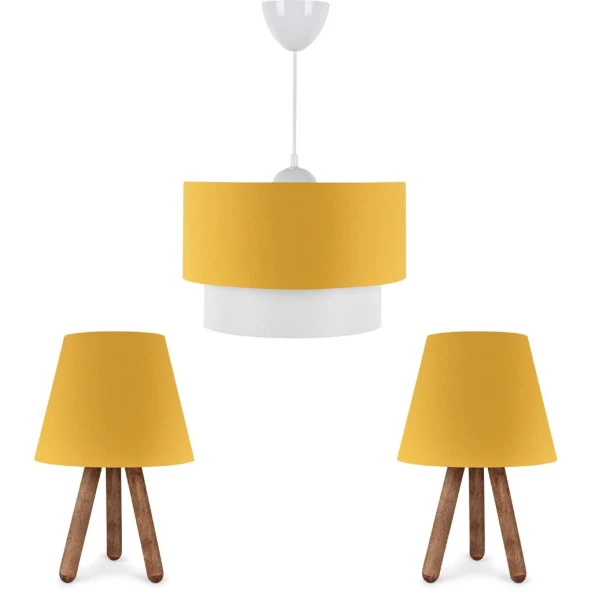 ArtGift Üçlü Avize Ve Abajur Seti Ahşap Ayak Sarı Kumaş Başlık