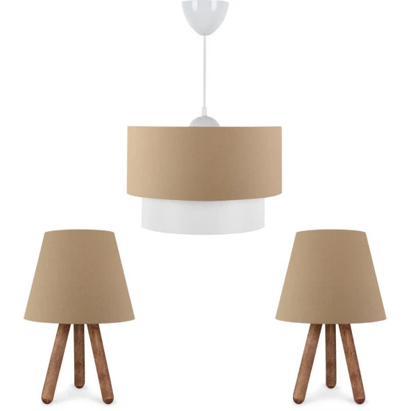 ArtGift Üçlü Avize Ve Abajur Seti Ahşap Ayak Kahve Kumaş Başlık