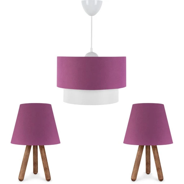 ArtGift Üçlü Avize Ve Abajur Seti Ahşap Ayak Mor Kumaş Başlık