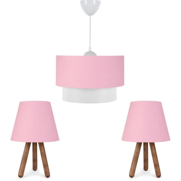 ArtGift Üçlü Avize Ve Abajur Seti Ahşap Ayak Pembe Kumaş Başlık Yatak Odası Çocuk Odası Salon - 6
