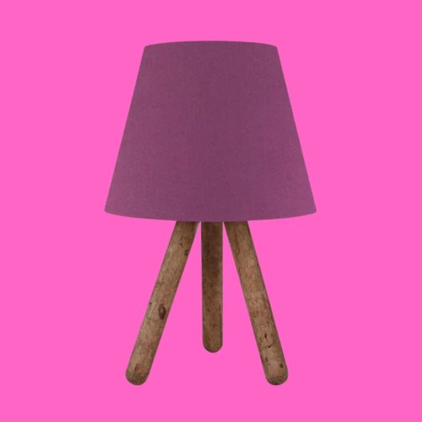 Üç Ayaklı Ahşap Abajur Mor Kumaş Başlık Yatak Odası Çocuk Odası Masa Lambası