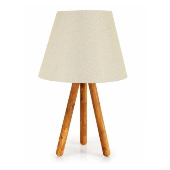 Ahşap Üç Ayaklı Krem Dokuma Başlık Tripot Abajur Yatak Odası Çocuk Odası Masa Lambası