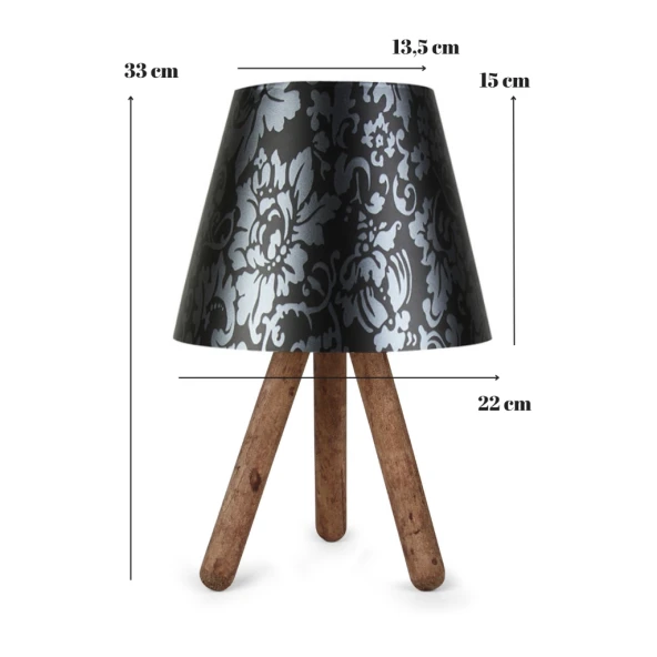 Pratik Ahşap Üç Ayaklı Abajur Siyah Çiçek - 2