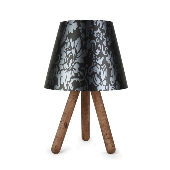 Pratik Ahşap Üç Ayaklı Abajur Siyah Çiçek - 3