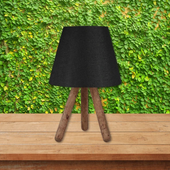 Tasarım Üç Ayaklı Ahşap Abajur Siyah Kumaş - 3