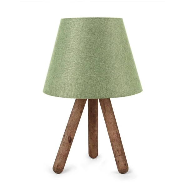 Tasarım Üç Ayaklı Ahşap Abajur Yeşil Kumaş Başlık Yatak Odası Salon Oturma Odası - 2