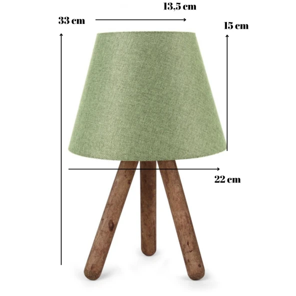Tasarım Üç Ayaklı Ahşap Abajur Yeşil Kumaş Başlık Yatak Odası Salon Oturma Odası - 4