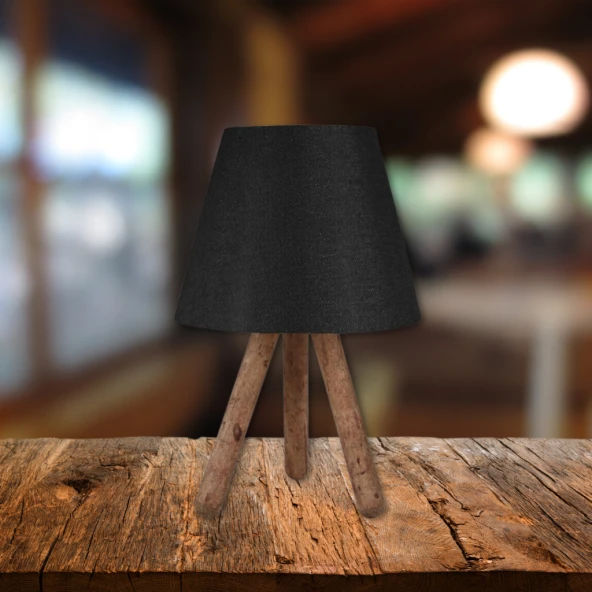 Tasarım Üç Ayaklı Ahşap Abajur Siyah Kumaş - 6