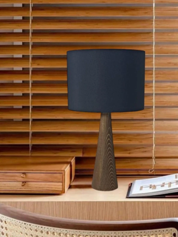 Ahşap Konik Gövdeli Dizayn Abajur Kumaş Başlık Siyah ürün görseli