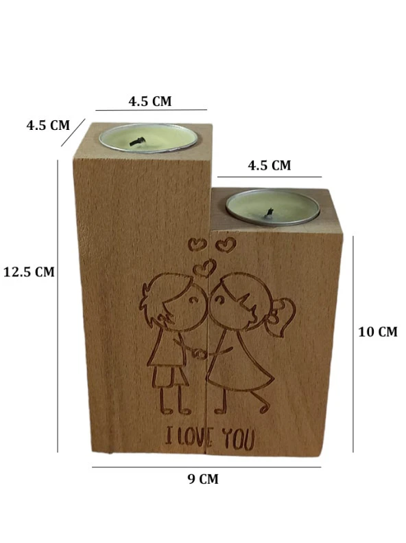 Aşk Motifli Dekoratif Ahşap İkili Mumluk ve Hediye İki Adet Mum - 2