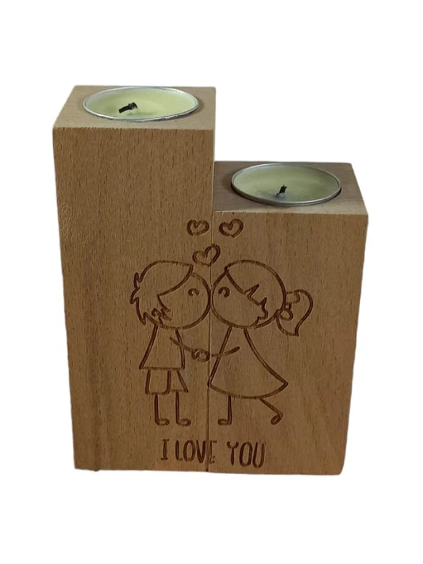 Aşk Motifli Dekoratif Ahşap İkili Mumluk ve Hediye İki Adet Mum - 3