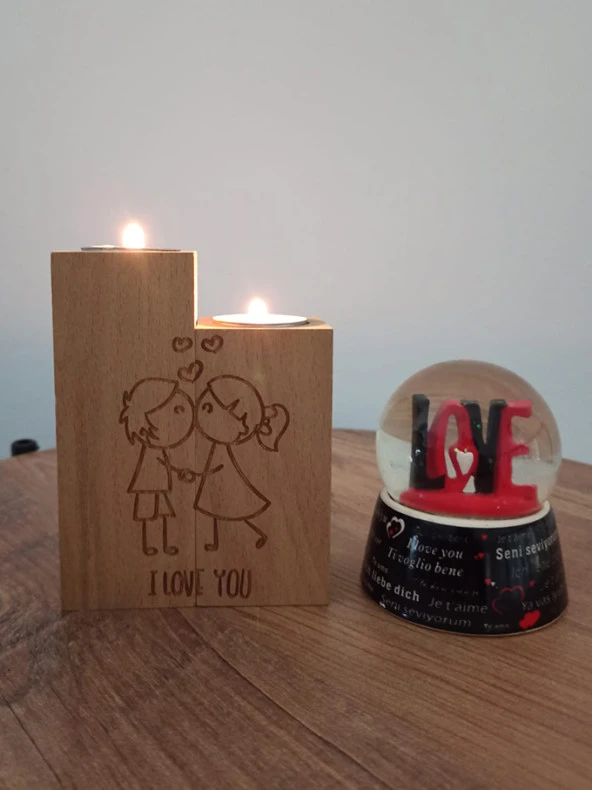 Aşk Motifli Dekoratif Ahşap İkili Mumluk ve Hediye İki Adet Mum - 4