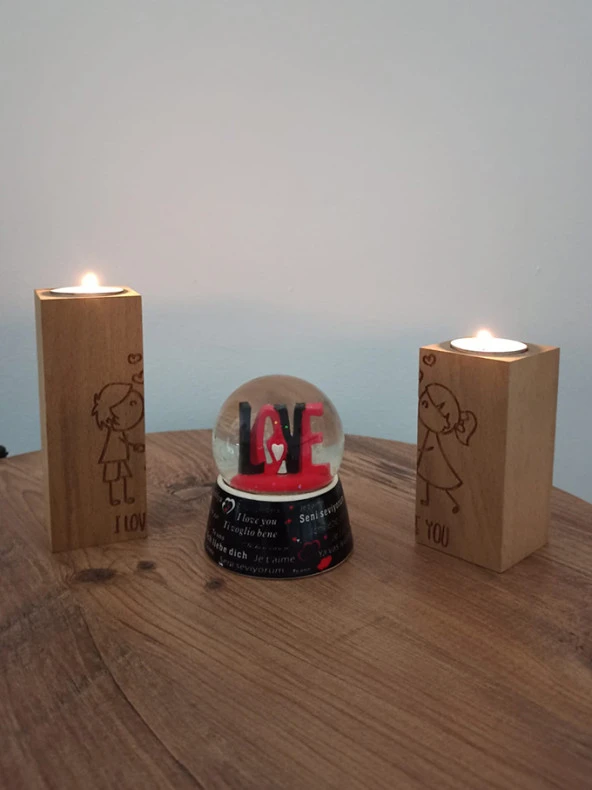 Aşk Motifli Dekoratif Ahşap İkili Mumluk ve Hediye İki Adet Mum - 5