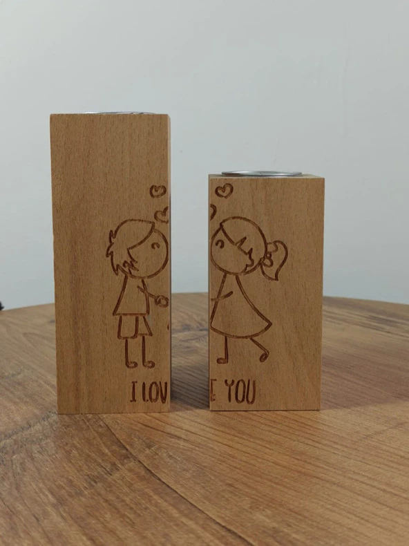 Aşk Motifli Dekoratif Ahşap İkili Mumluk ve Hediye İki Adet Mum - 8
