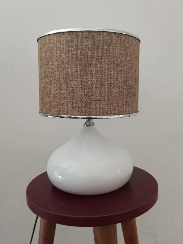 Serenay Metal Beyaz Gövdeli Elite Abajur Gümüş Detay Bej Başlık - 5