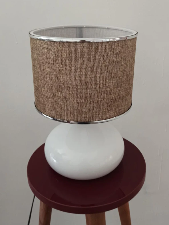 Serenay Metal Beyaz Gövdeli Elite Abajur Gümüş Detay Bej Başlık - 7