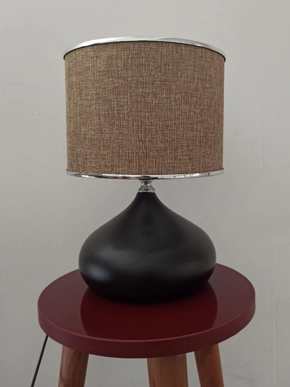 Serenay Metal Siyah Gövdeli Elite Abajur Gümüş Detay Bej Başlık - Resim 3